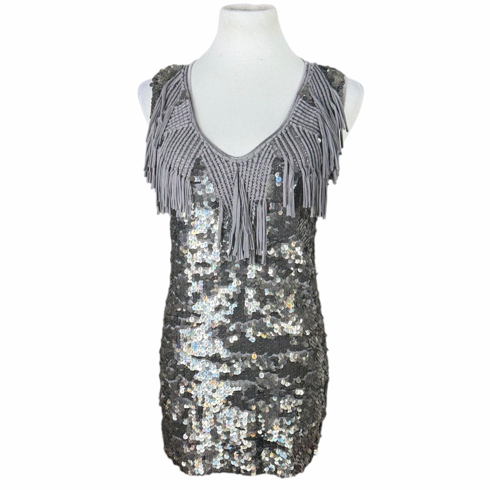 Ambre Babzoe Gunmetal Silver Bronze Sequin Fringe Tank - Size 42 (L)